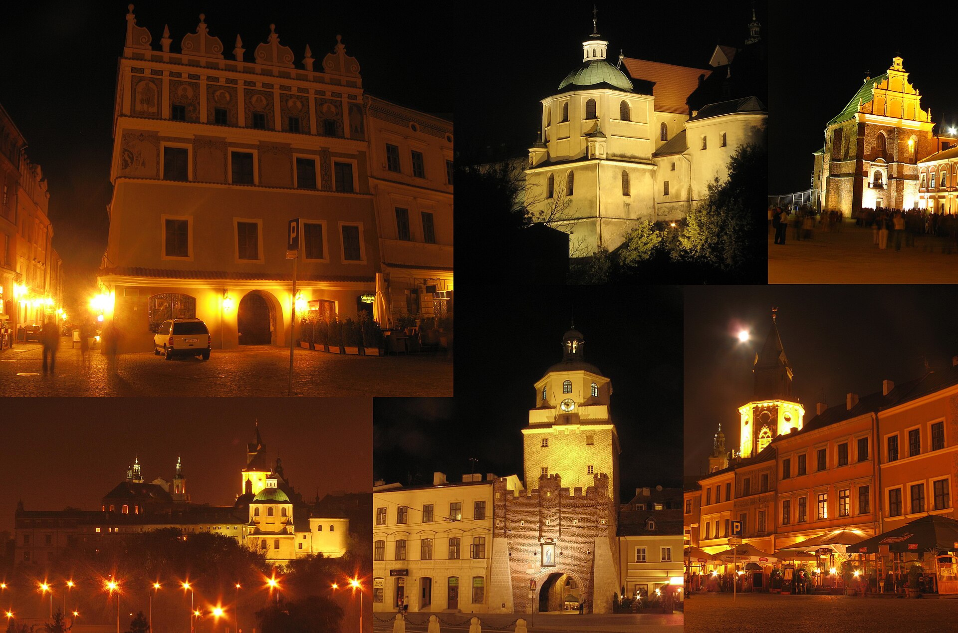 Lubelskie Stare Miasto oświetlone nocą.